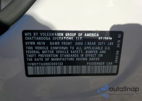 2017 Volkswagen Passat R-Line z USA, uszkodzony, nr VIN 1VWDT7A33HC003122